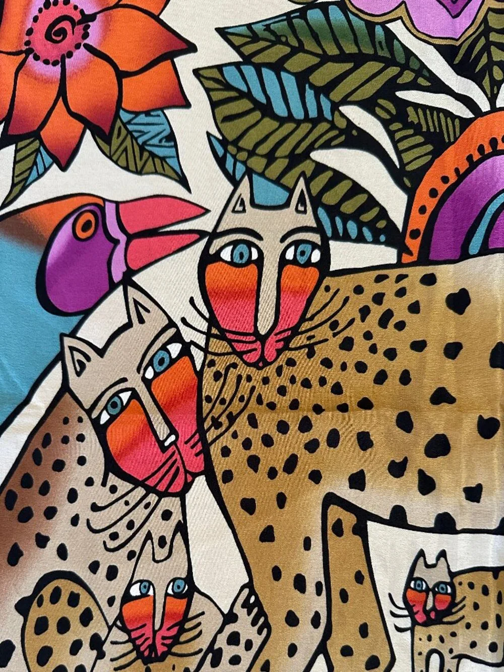Laurel Burch 100% Silk Square Leopard Print Scarf Cats Art Signed